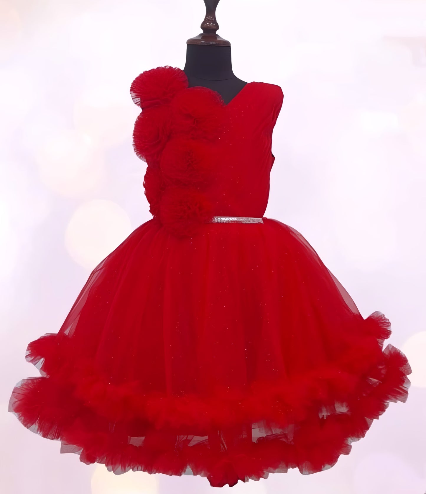 Red frock with flowers and white belt