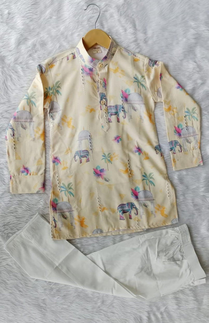 Aarom Lemon Color Kurta Pajama (Elephant Print)