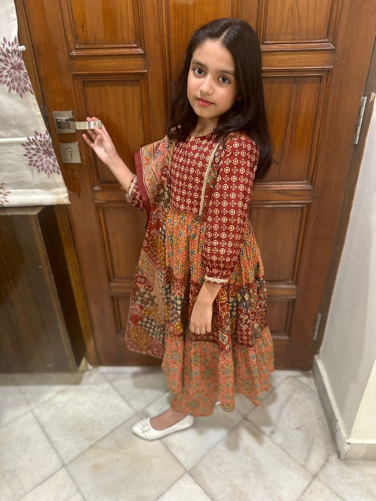 Brown Printed Frock with Matching Salwar