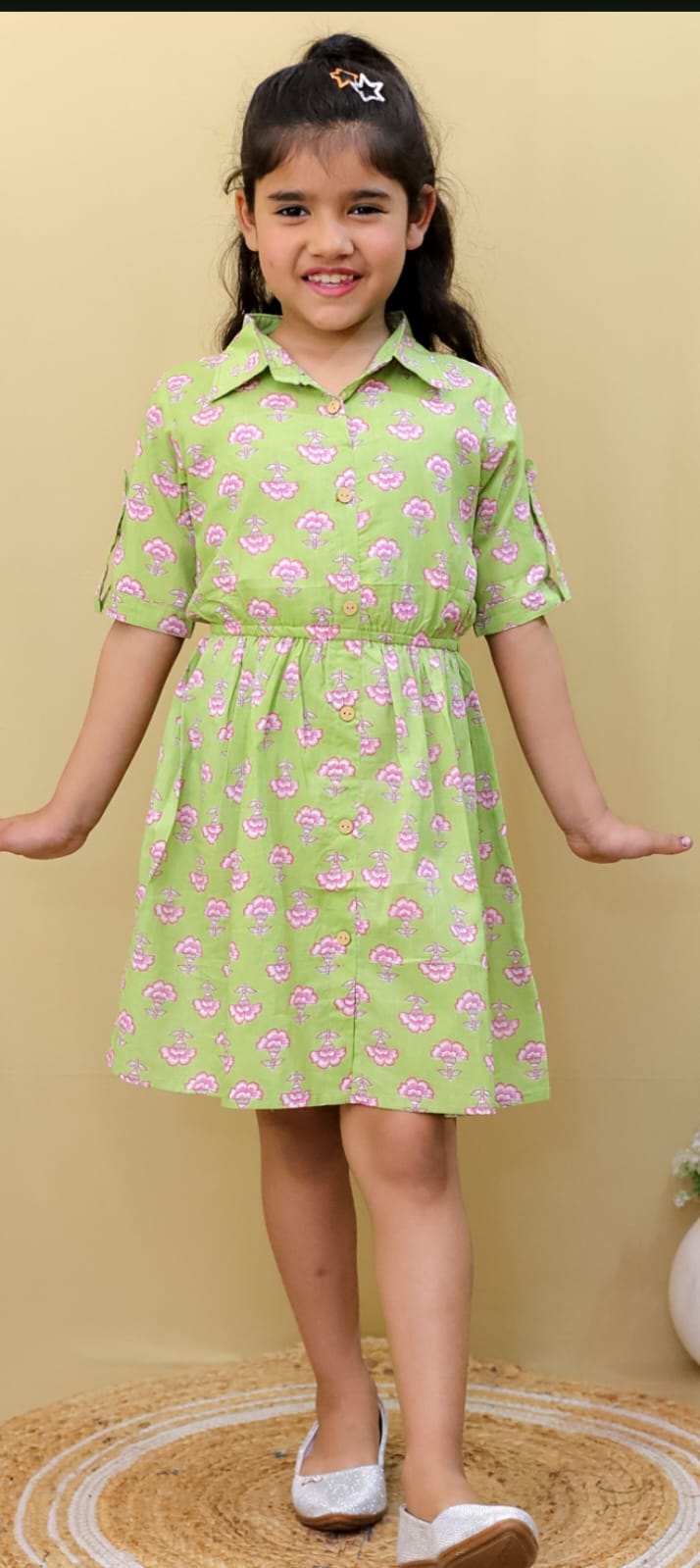 Olive Green Printed Shirt Frock