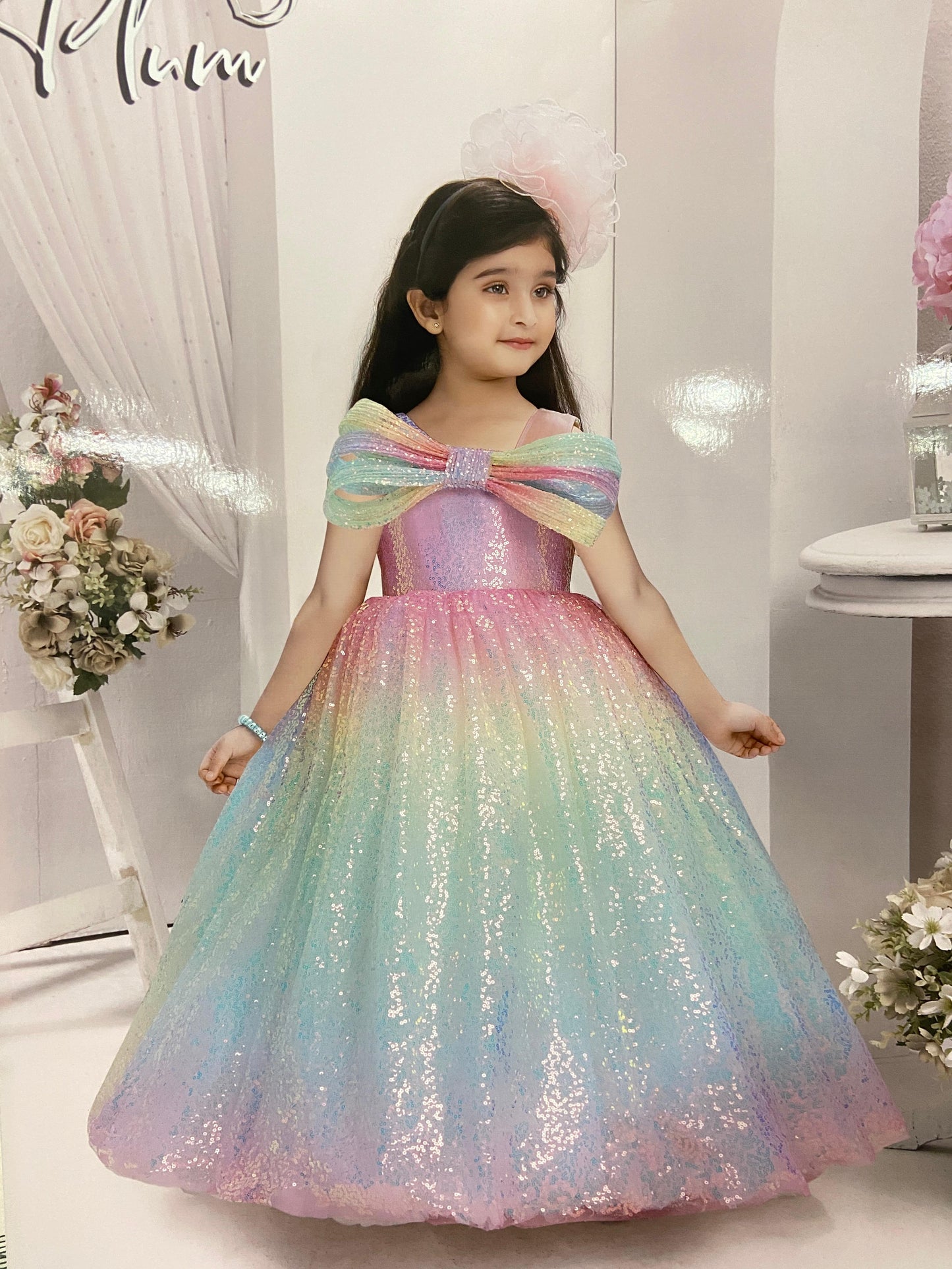 Multicolor Sequin Gown With Bow Embellished For Girls