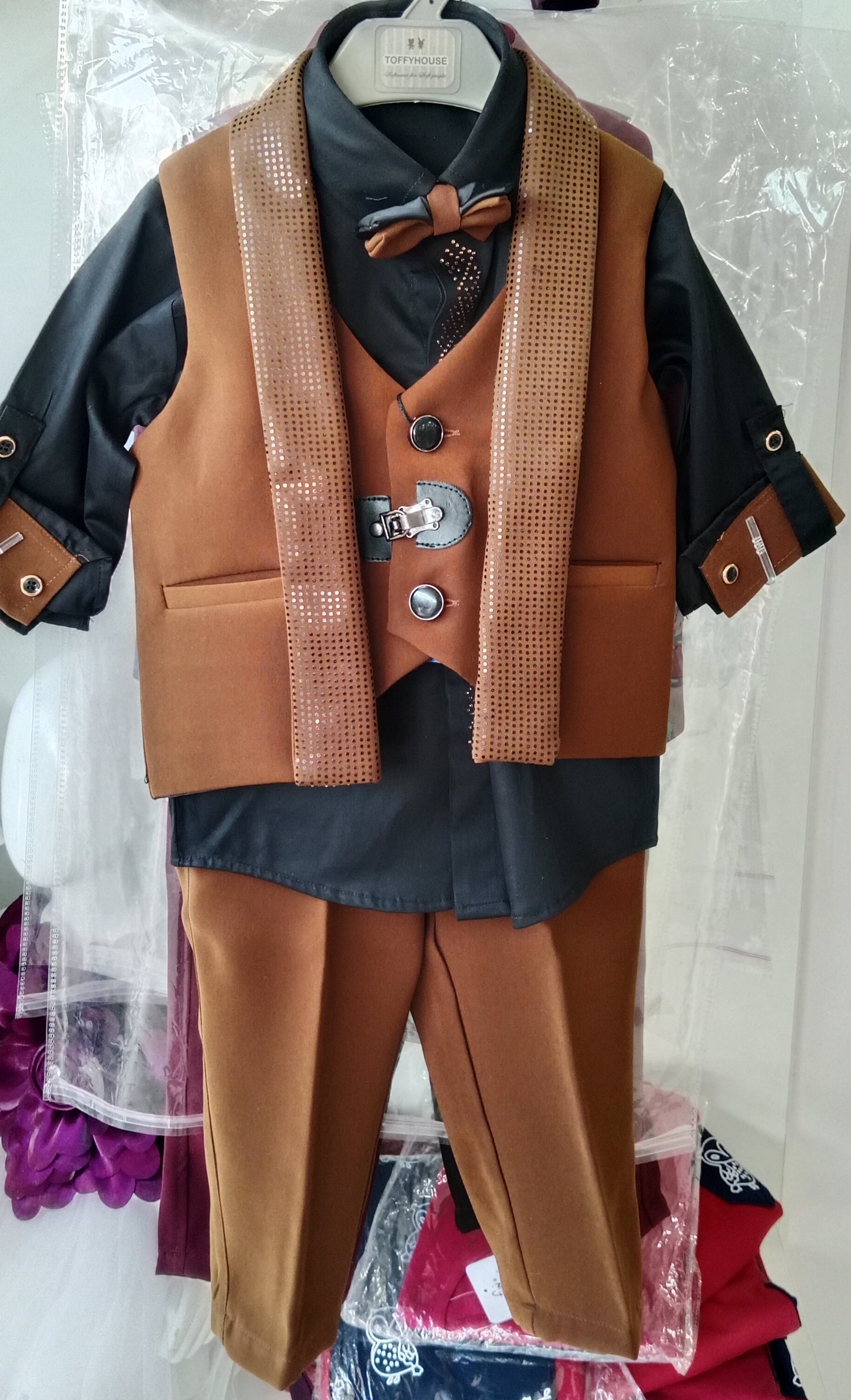 Brown Partywear Waistcoat Set With Bow Tie