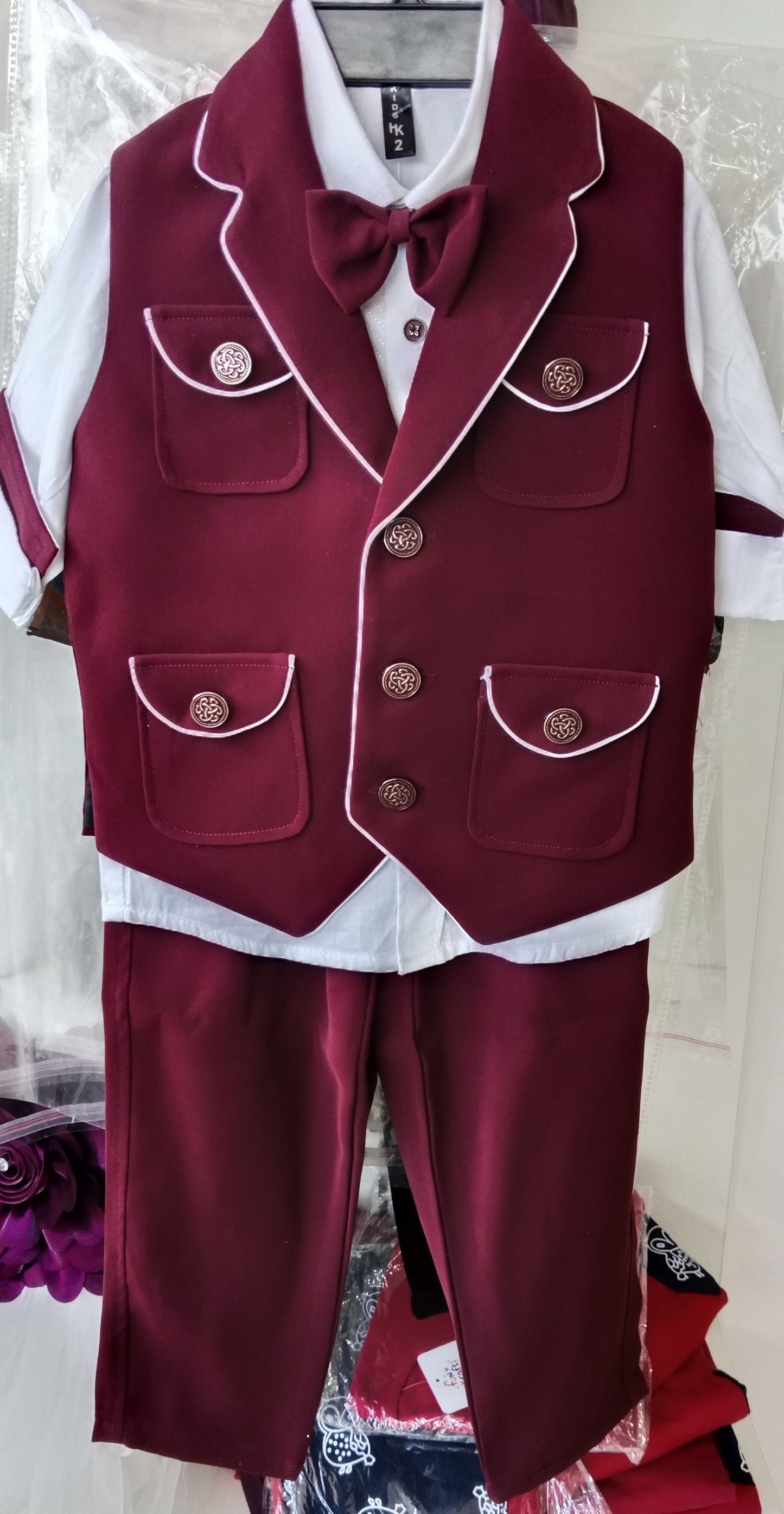 Wine Partywear Coat Set With Bow Tie