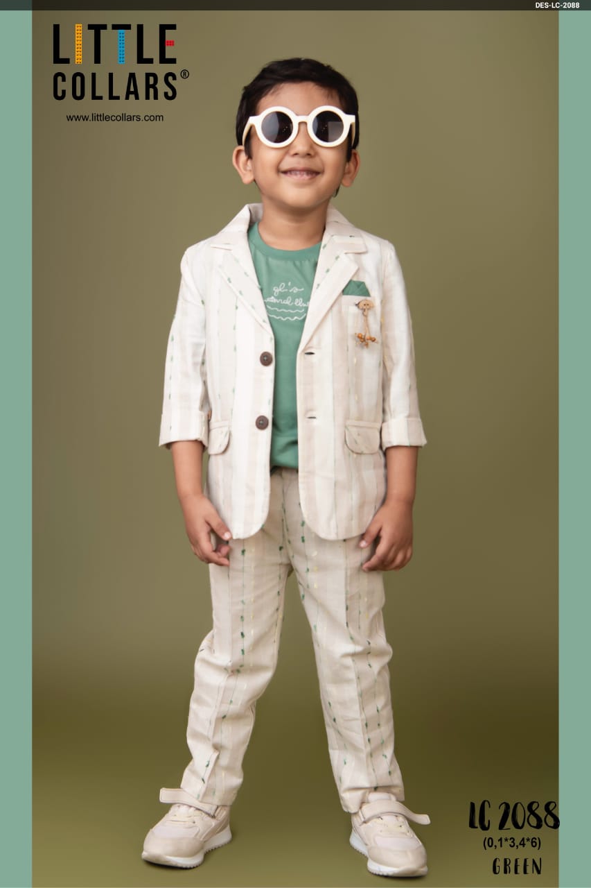 Little Collars Beige Baba Suit With Green T-shirt