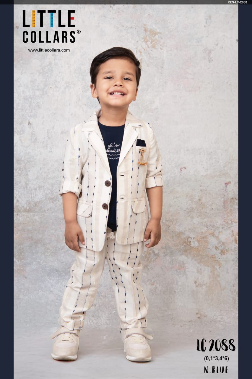 Little Collars Beige Baba Suit With Naby Blue T-shirt