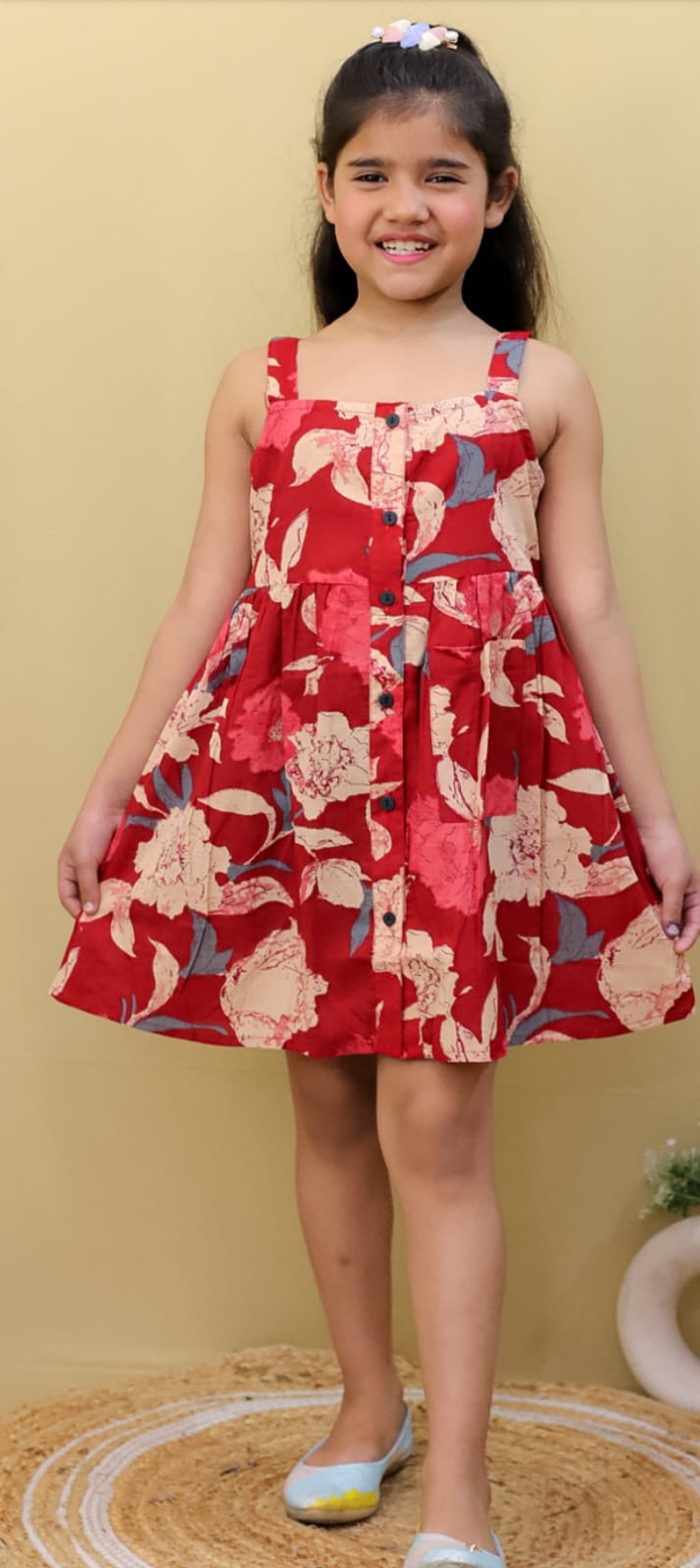 Fine Thread Red Strap Aline Frock With Pocket