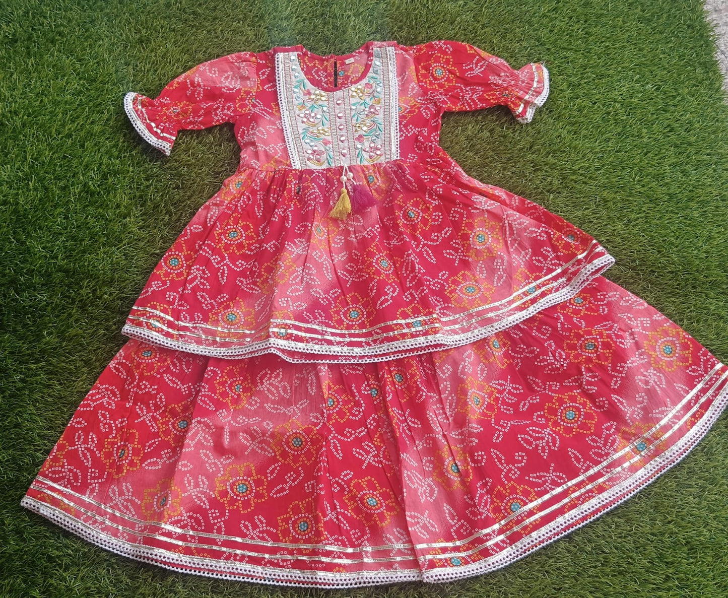 Red Bandhej Emb Sharara With duppata