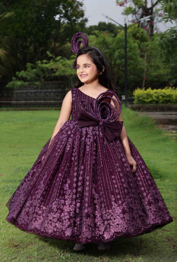 Wine Birthday Gown With Front Pattren For Girls
