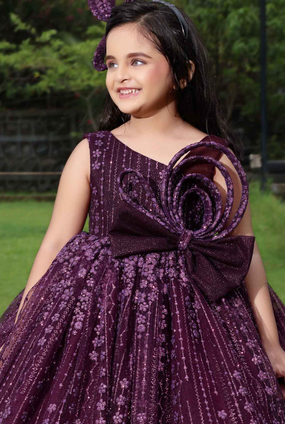 Wine Birthday Gown With Front Pattren For Girls