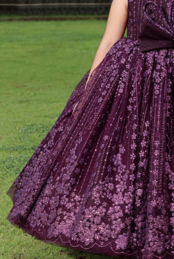 Wine Birthday Gown With Front Pattren For Girls