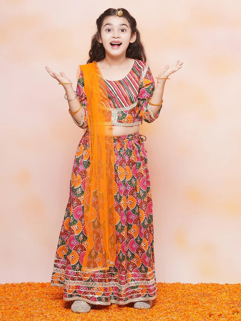 Three Fourth Sleeves, Block Pattern Print Gota Lace Work Lehenga-Choli With Duppata Orange