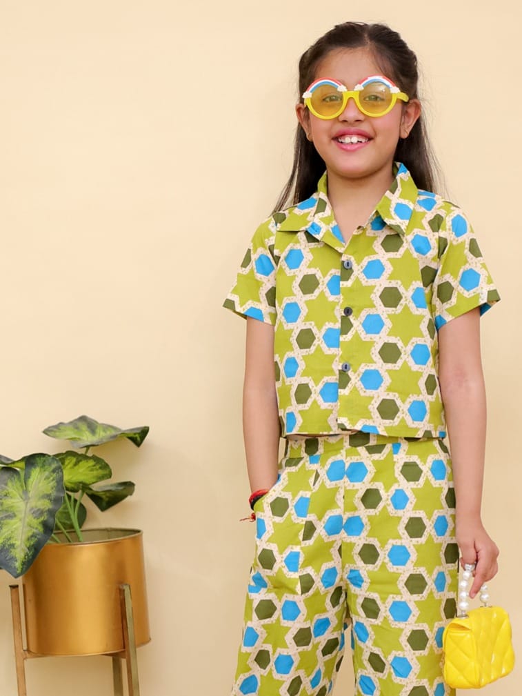 Parrot Green Crop Shirt Pant with Blue Dots
