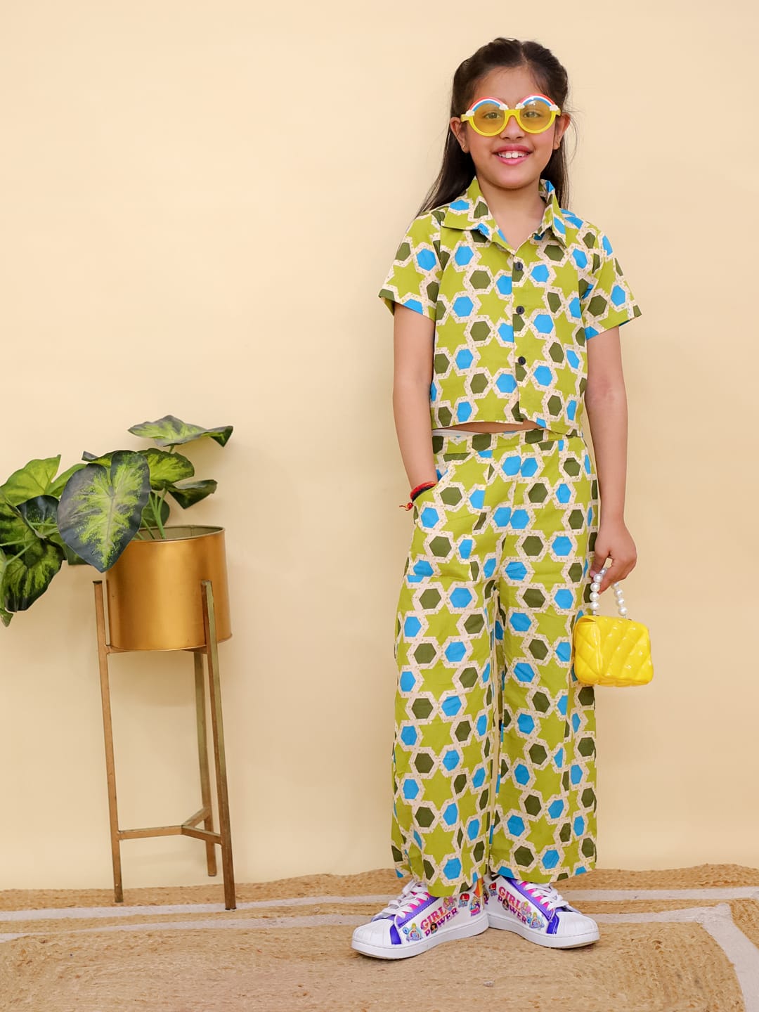 Parrot Green Crop Shirt Pant with Blue Dots