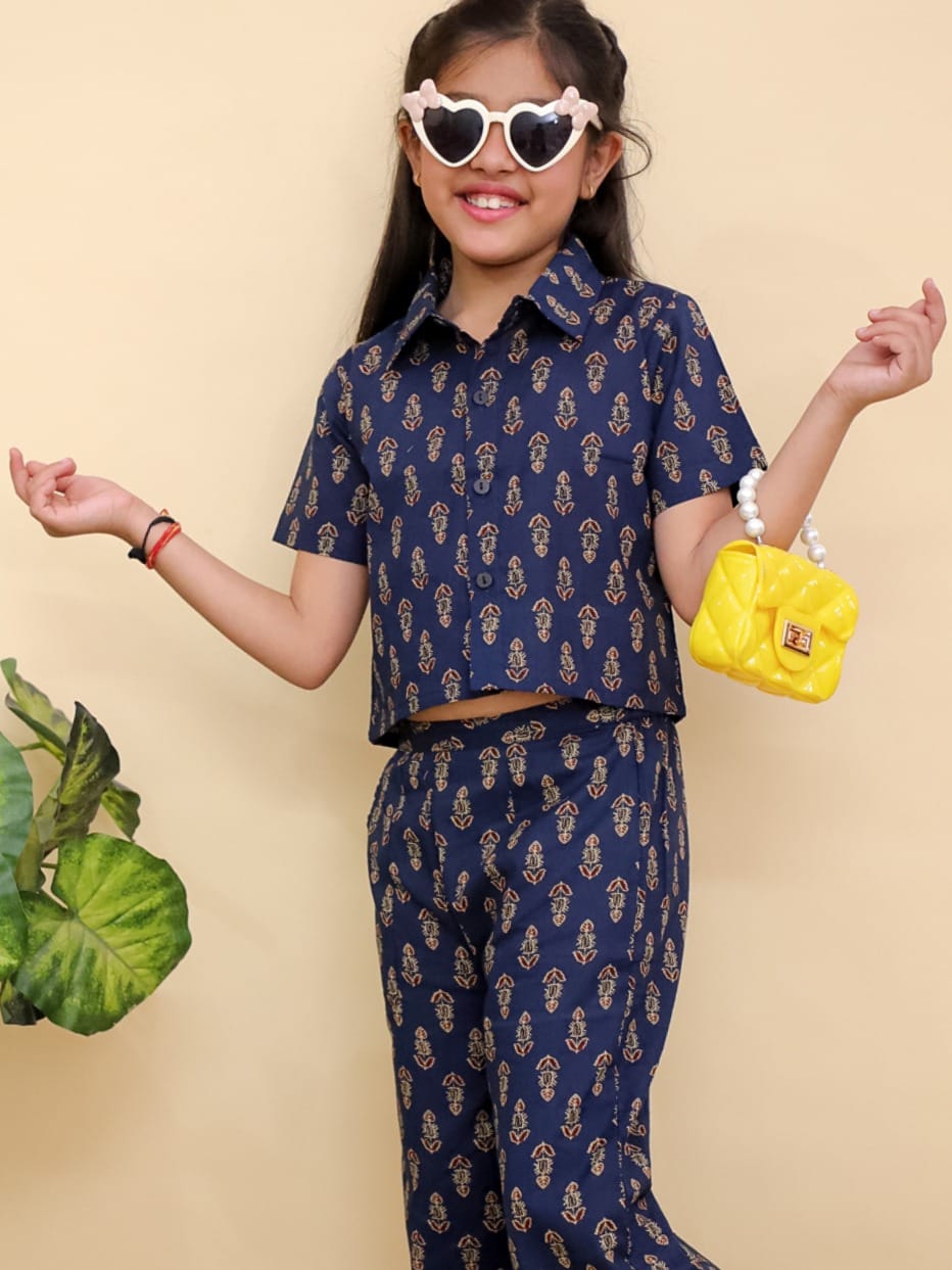Navy Blue Printed Crop Shirt Pant