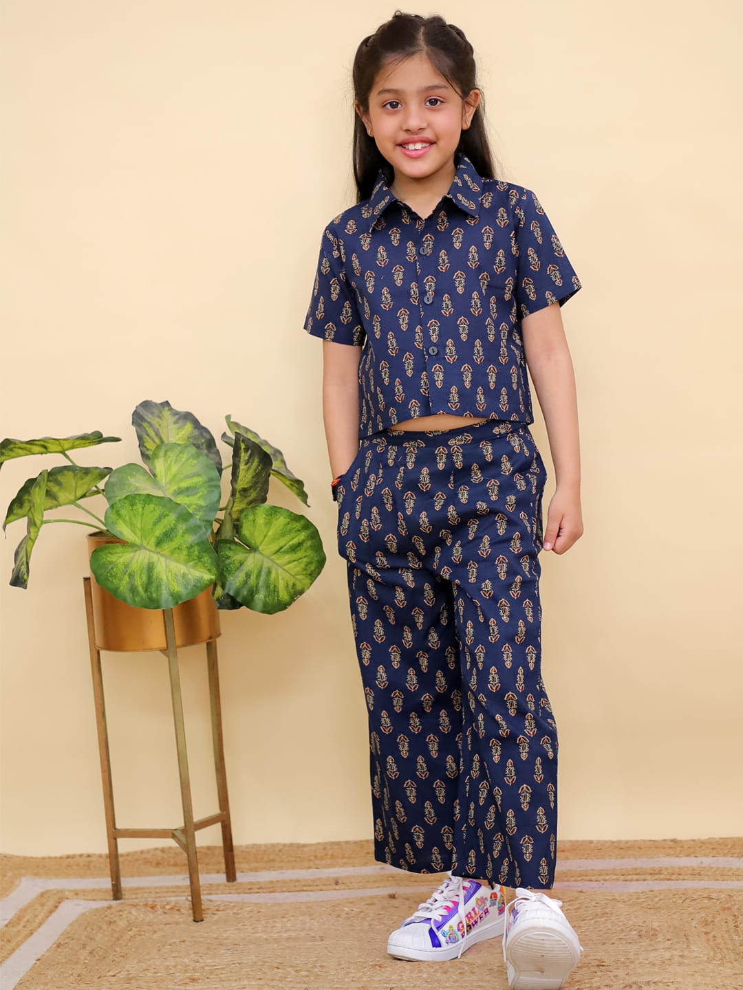 Navy Blue Printed Crop Shirt Pant