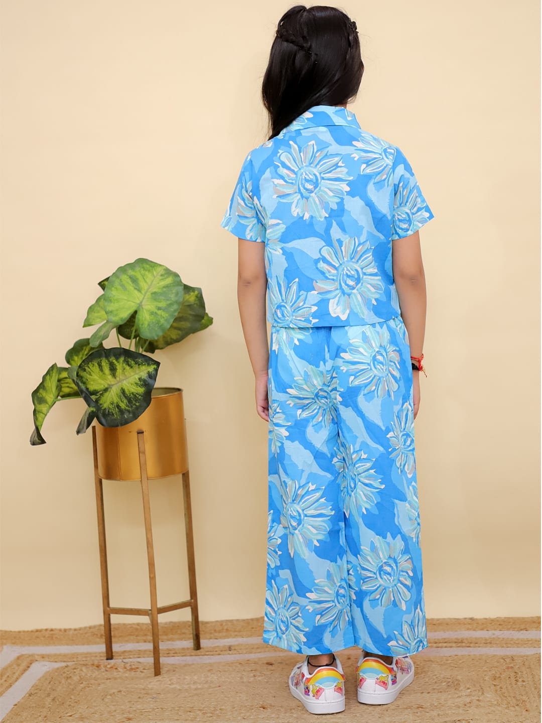 Sky Blue Crop Shirt Pant with Flower Print