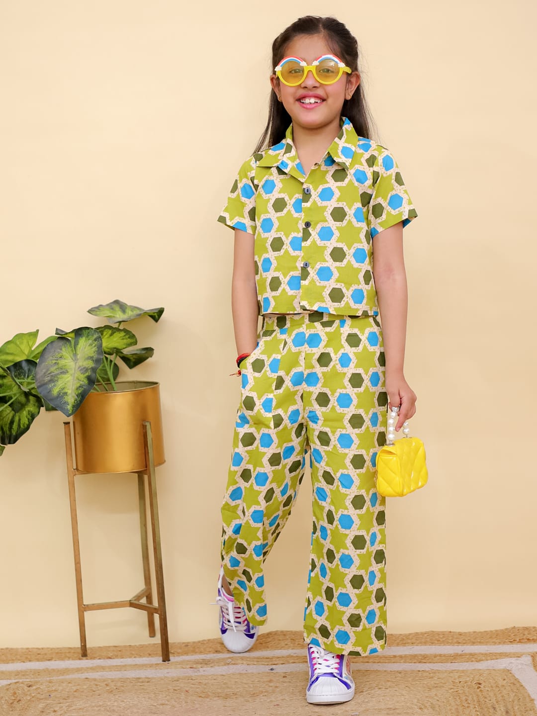 Parrot Green Crop Shirt Pant with Blue Dots