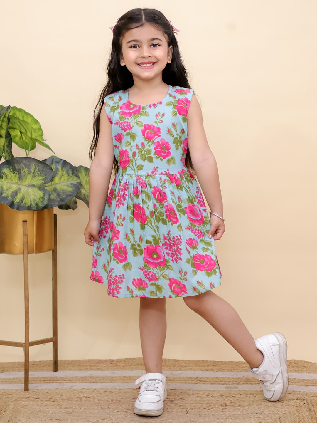 Sky Blue Umbrella Frock with Pink flower Print