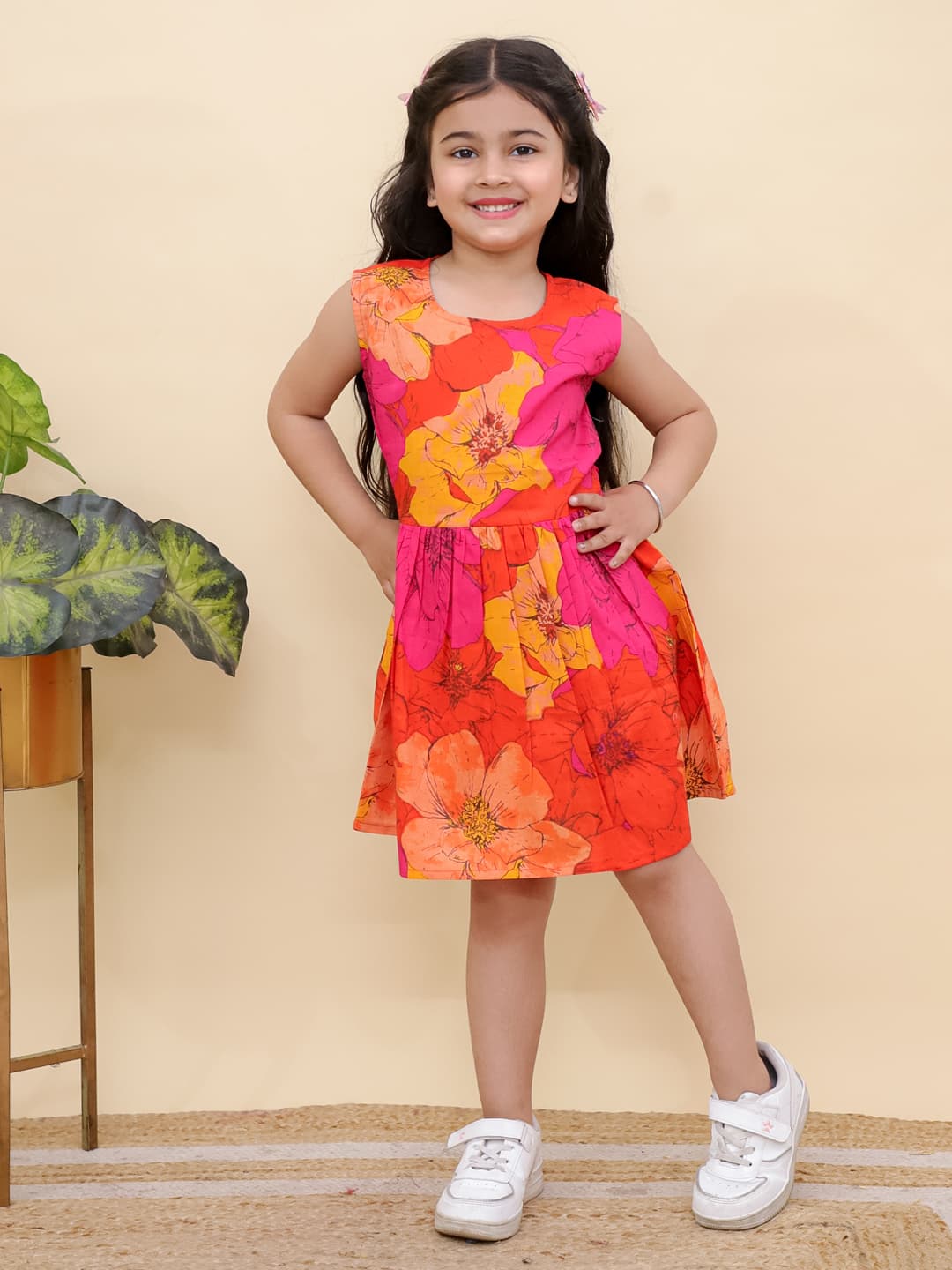 Pink and Red Umbrella Frock With Flower Print