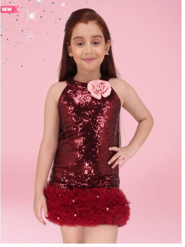 Maroon Sequin top with puffy skirt