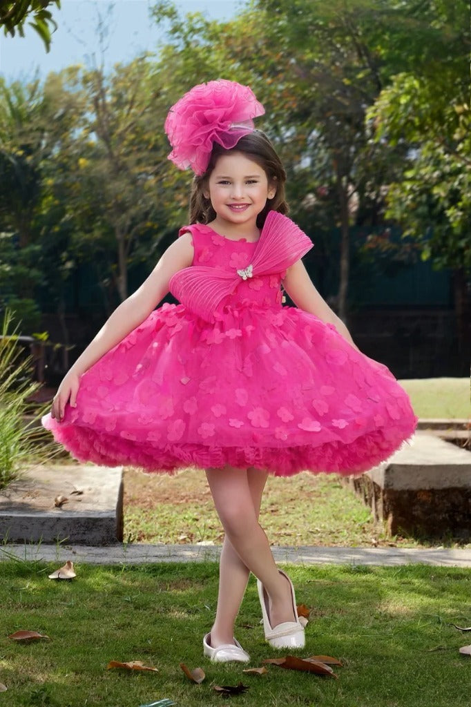Pink Sleeveless Floral Frock with Chest Drapes