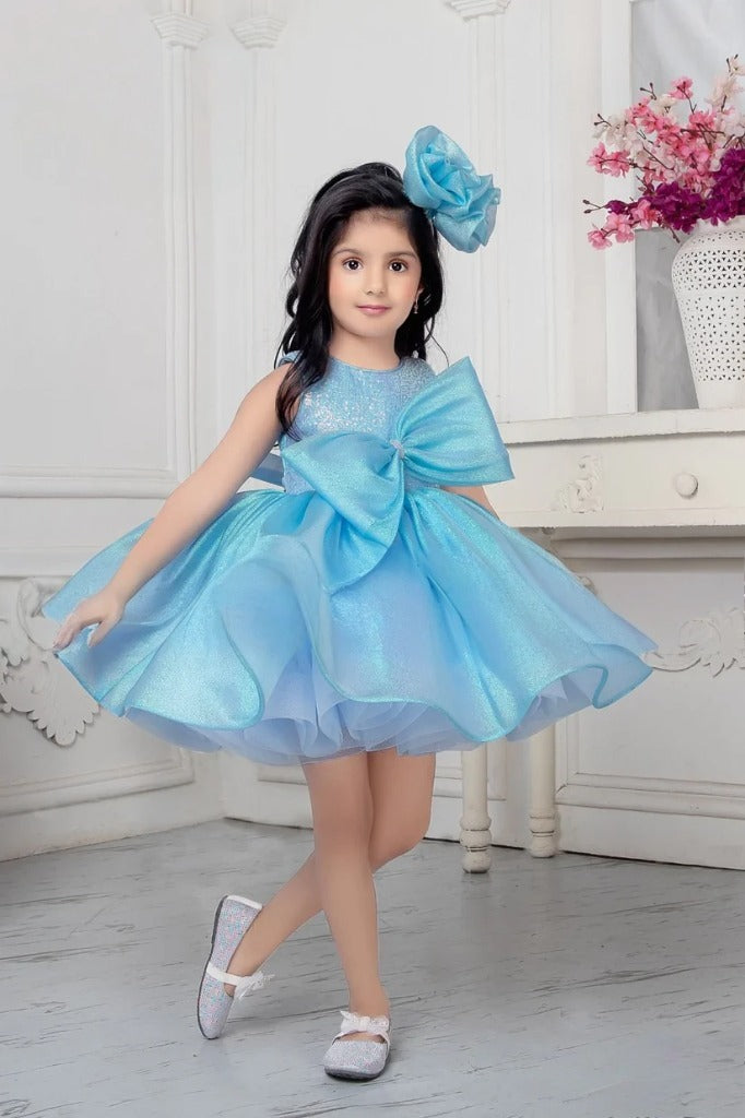 Sky blue Sleeveless frock with Metalic sheen