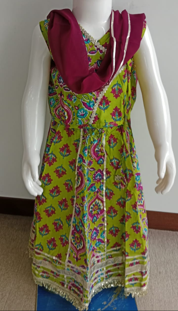 Green and Purple Ghagra Choli set with floral and paisley prints