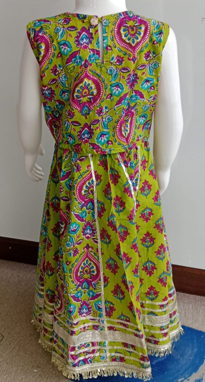 Green and Purple Ghagra Choli set with floral and paisley prints