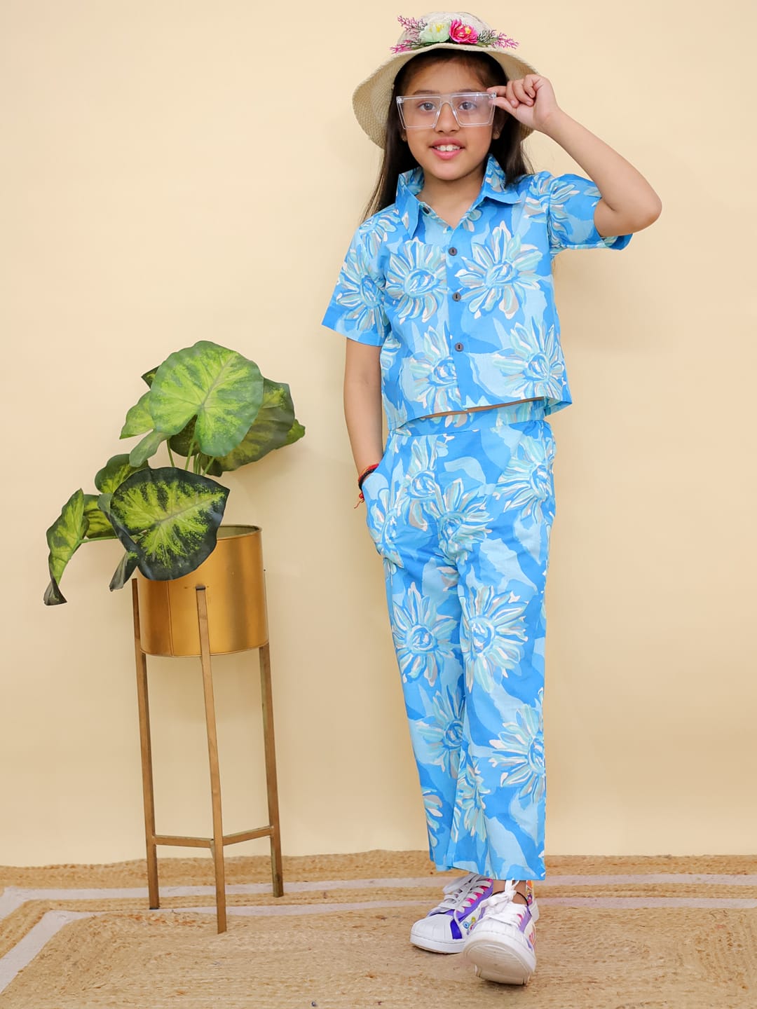 Sky Blue Crop Shirt Pant with Flower Print