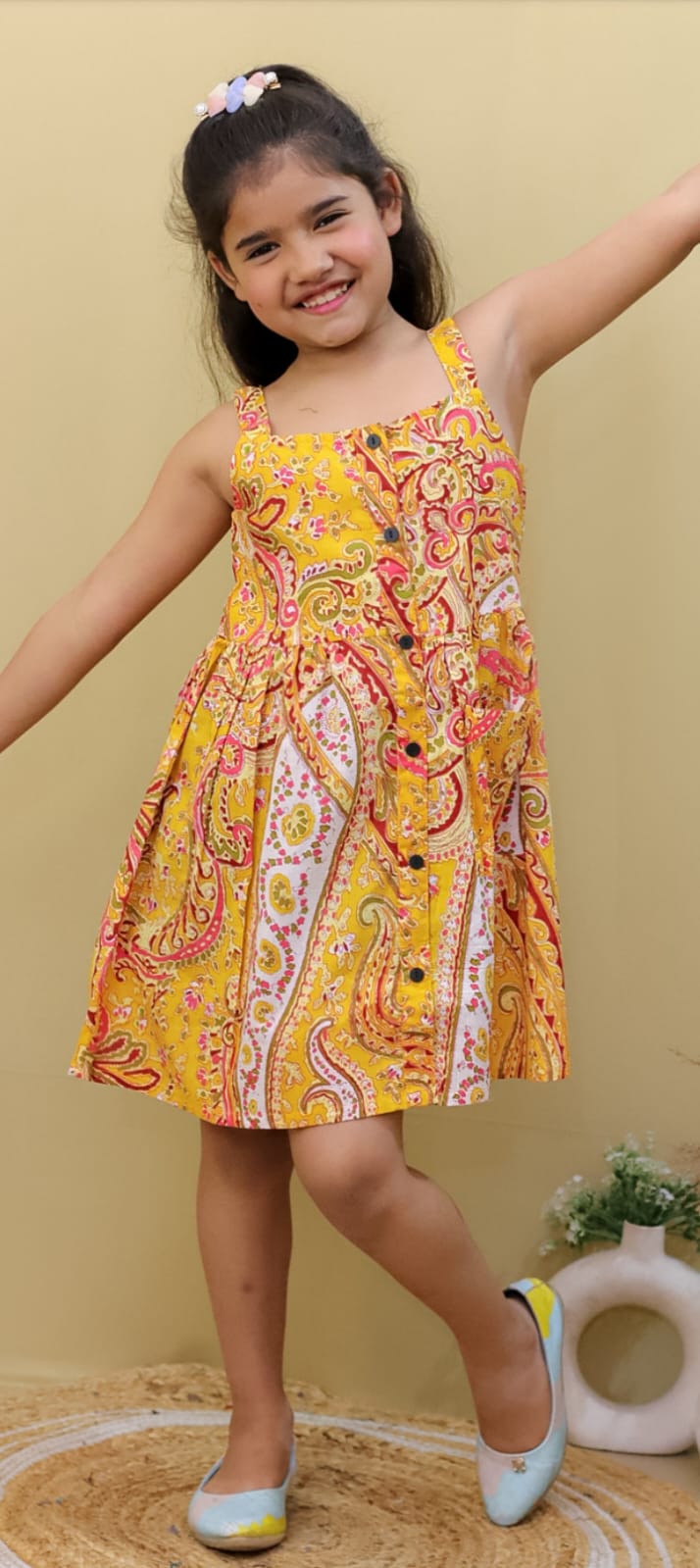 Fine Thread Yellow Strap Aline Frock With Pocket