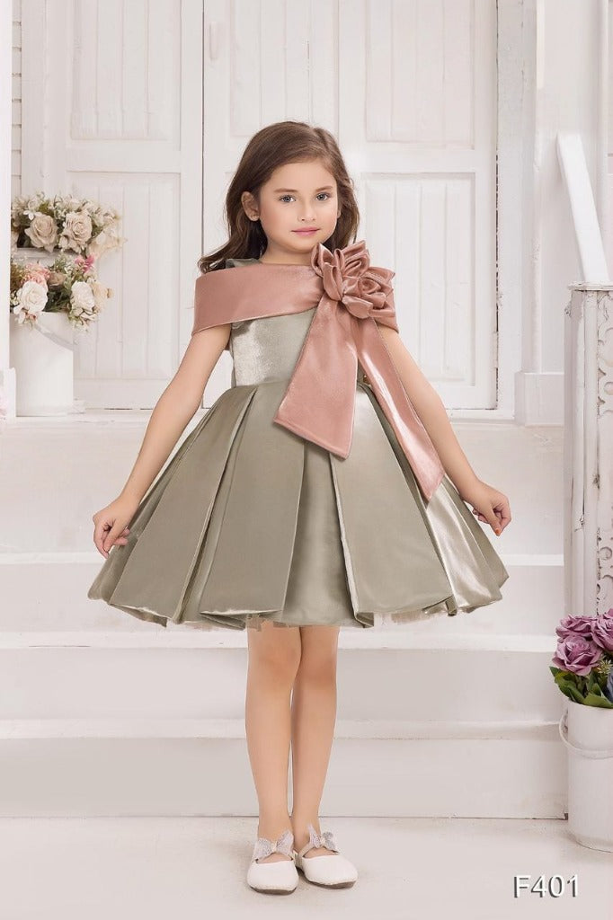 Olive Frock with Pink Satin Sash and Oversized Floral Bow