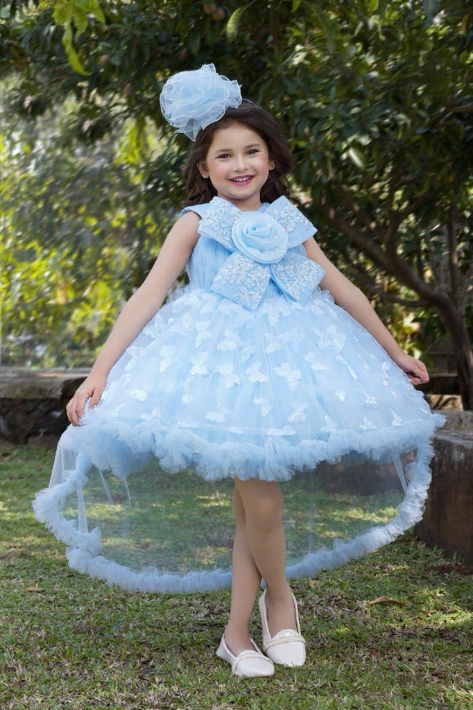Blue frock with flower appliques and big centerpiece