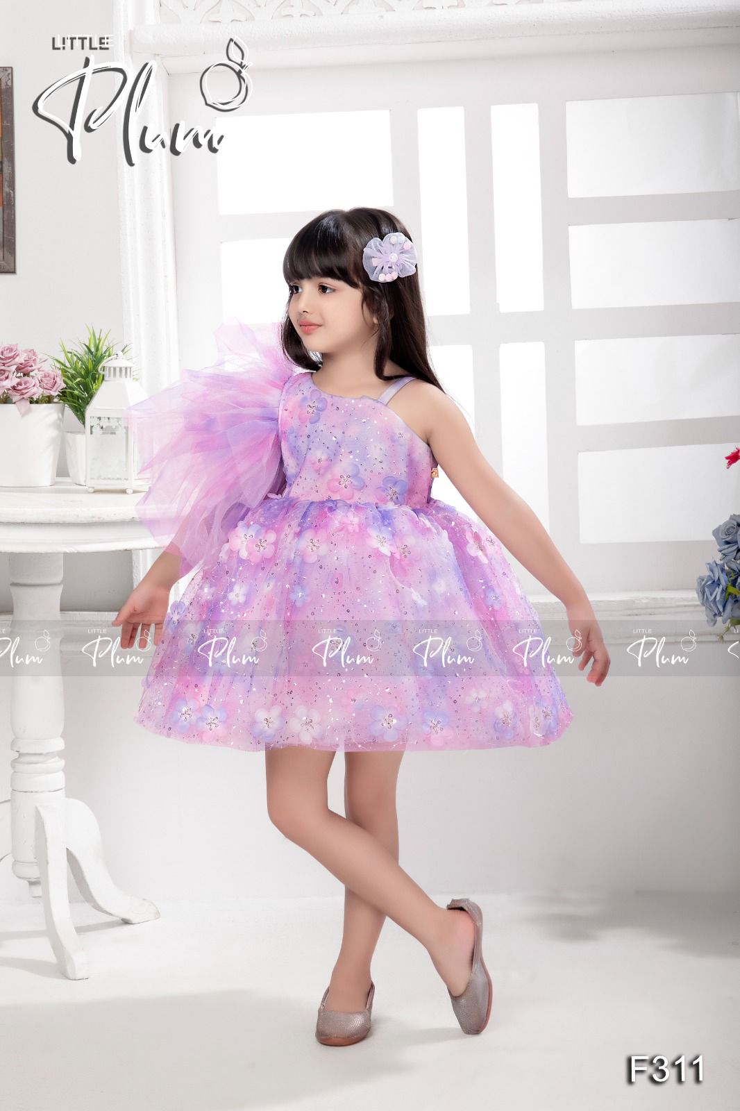 Peach off sholder Party frock with 3D flowers