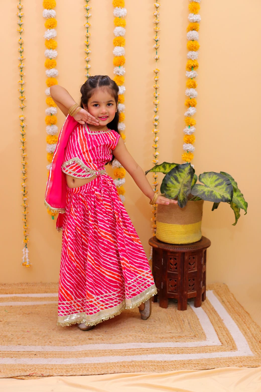 Pink and lahariya printed cotton lehenga set with dupatta