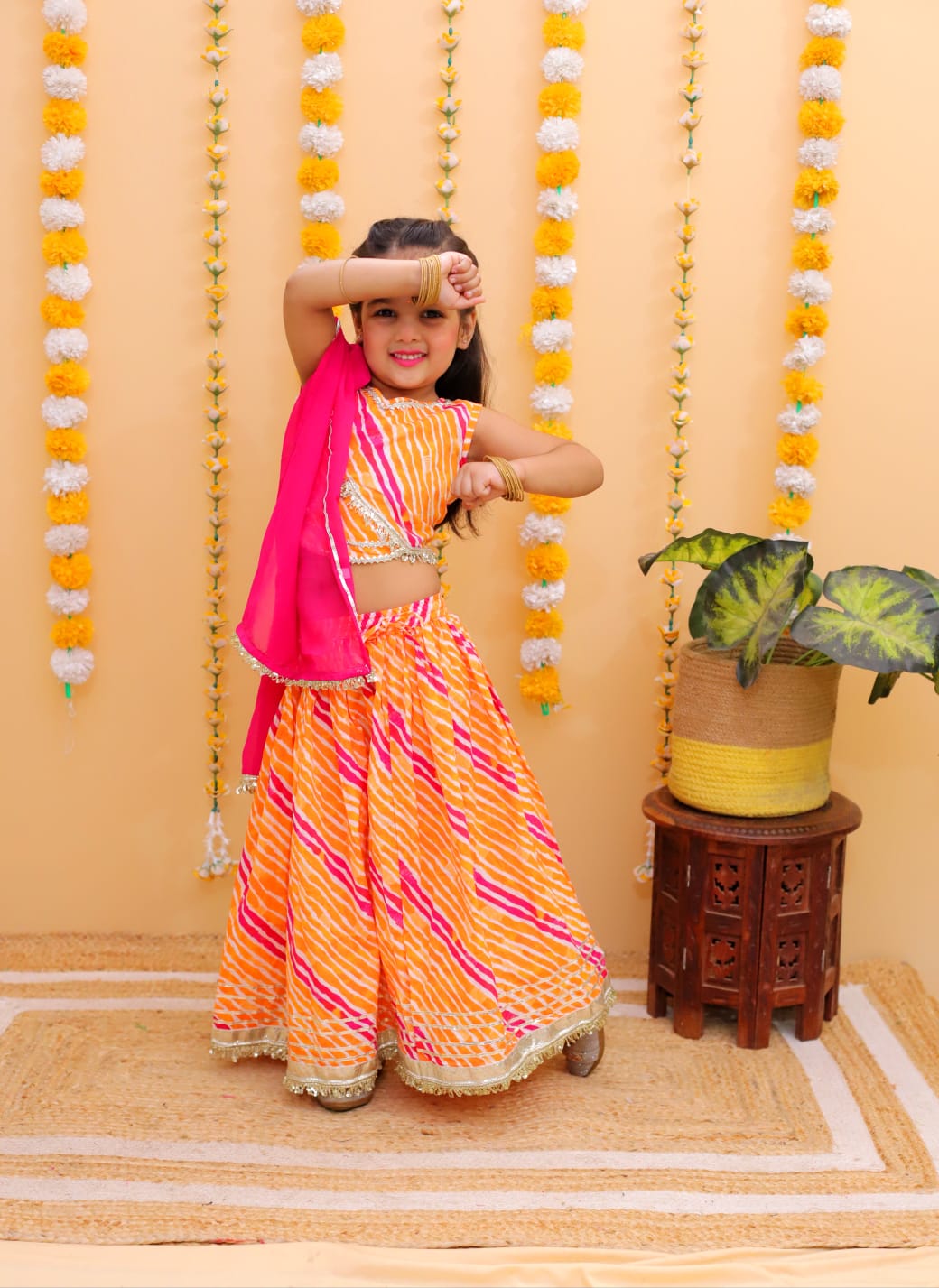Orange and lahariya printed cotton lehenga set with dupatta