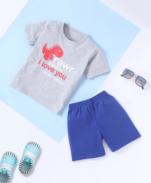 Boys Blue & Grey Printed Night suit Shorts Set