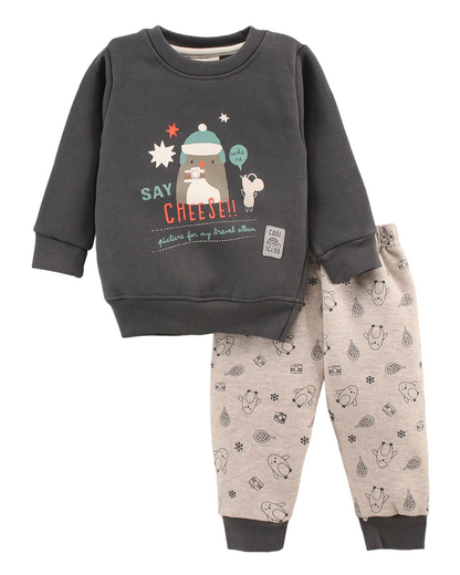 Full Sleeves Sweatshirt & Lounge Pant Set Say Cheese Theme Winter Set - Grey