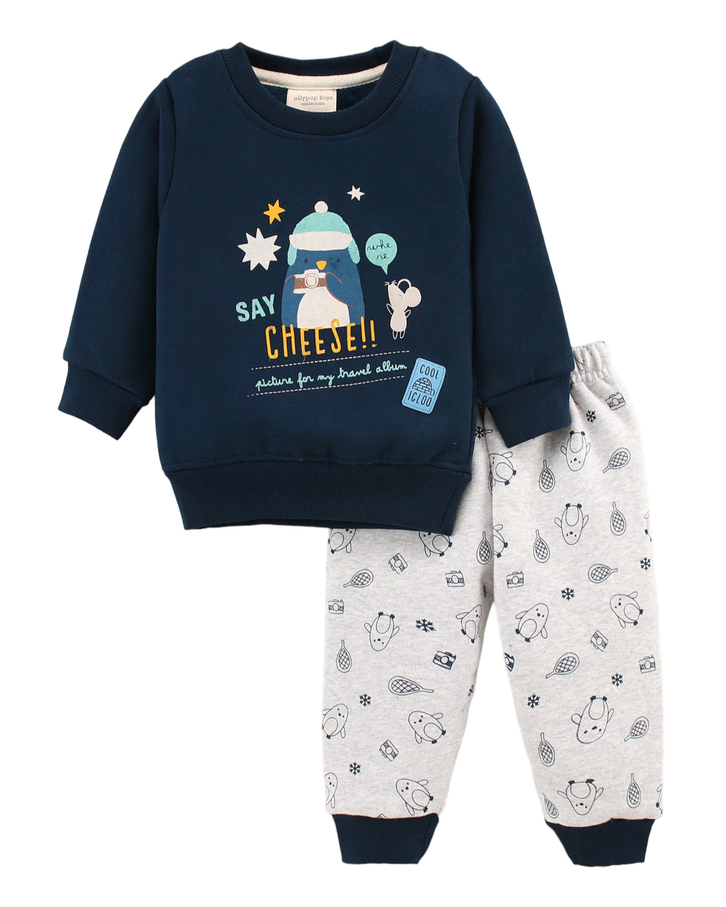 Full Sleeves Sweatshirt & Lounge Pant Set Say Cheese Theme Winter Set - Blue