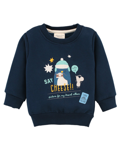 Full Sleeves Sweatshirt & Lounge Pant Set Say Cheese Theme Winter Set - Blue