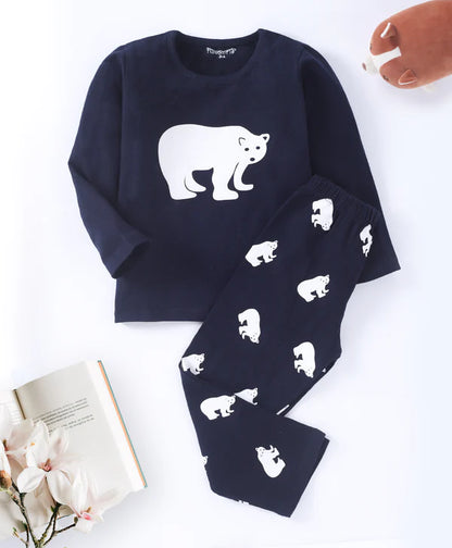 Unisex Kids Navy Blue Bear Printed Pure Cotton Night suit