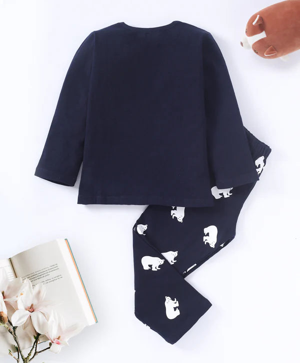 Unisex Kids Navy Blue Bear Printed Pure Cotton Night suit