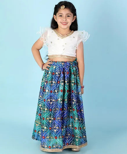 Girls butterfly sleeve Sequins top with blue flora lehenga