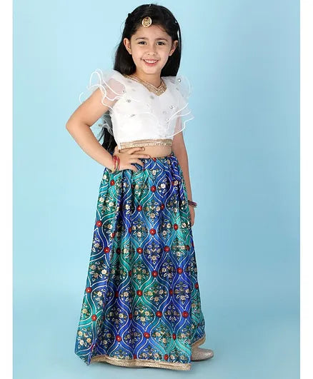 Girls butterfly sleeve Sequins top with blue flora lehenga