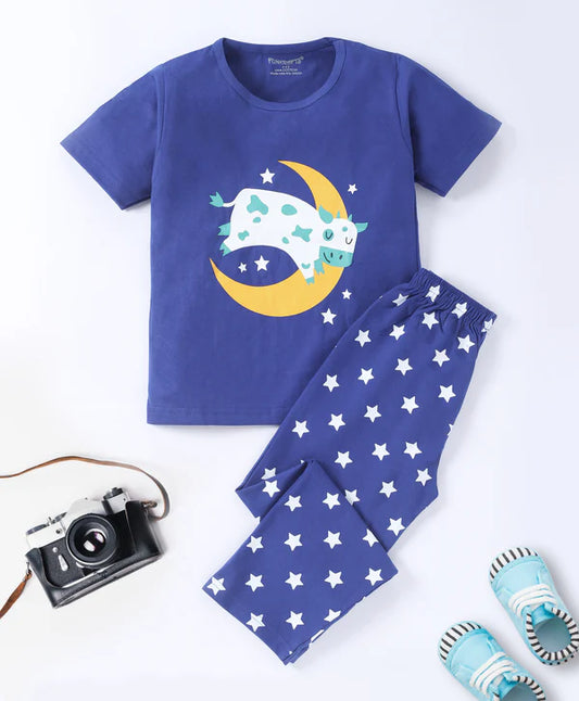 Unisex Kids Blue Printed Pure Cotton Night Suit