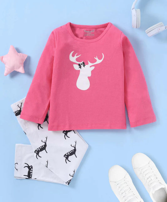 Pink & White Reindeer Printed Nightwear for Girls