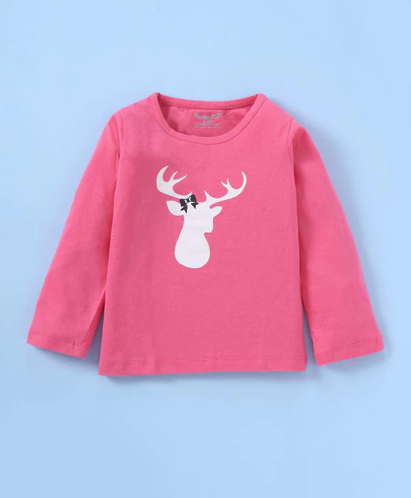 Pink & White Reindeer Printed Nightwear for Girls