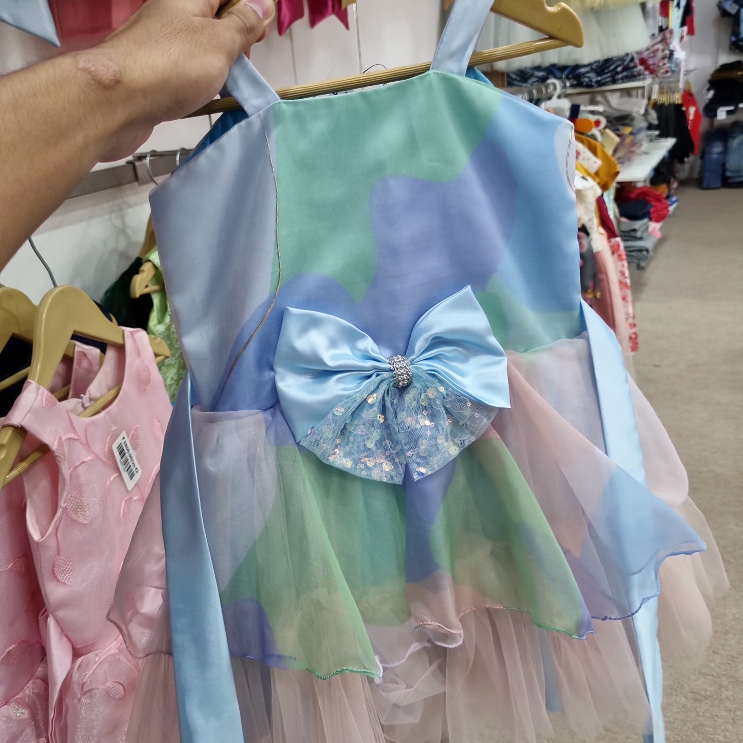 Party frock blue, pink and gree