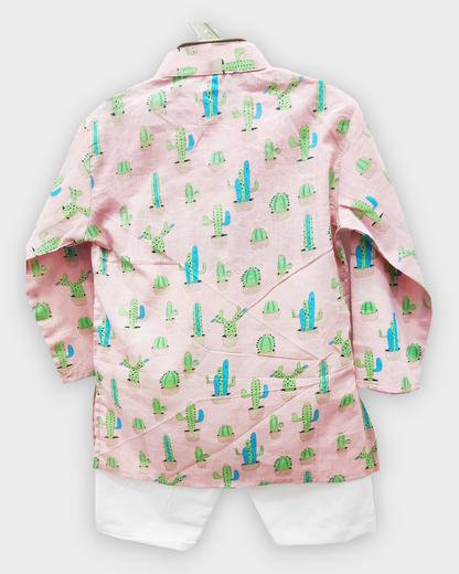 Desert Dreamin': Blue and Green Cactus Print Kids Light Pink Kurta Pajama