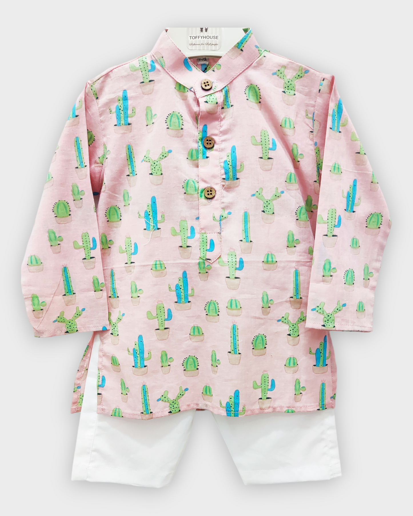 Desert Dreamin': Blue and Green Cactus Print Kids Light Pink Kurta Pajama