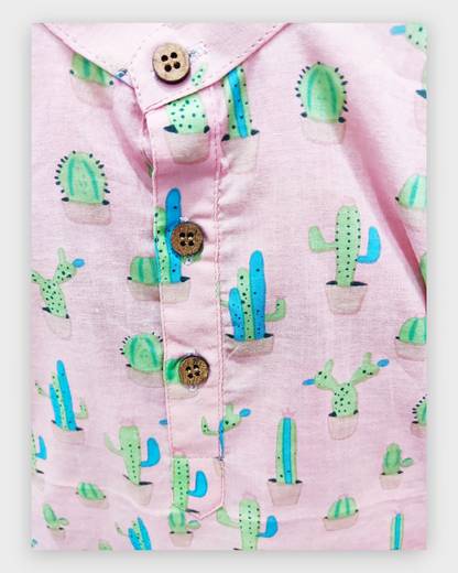 Desert Dreamin': Blue and Green Cactus Print Kids Light Pink Kurta Pajama